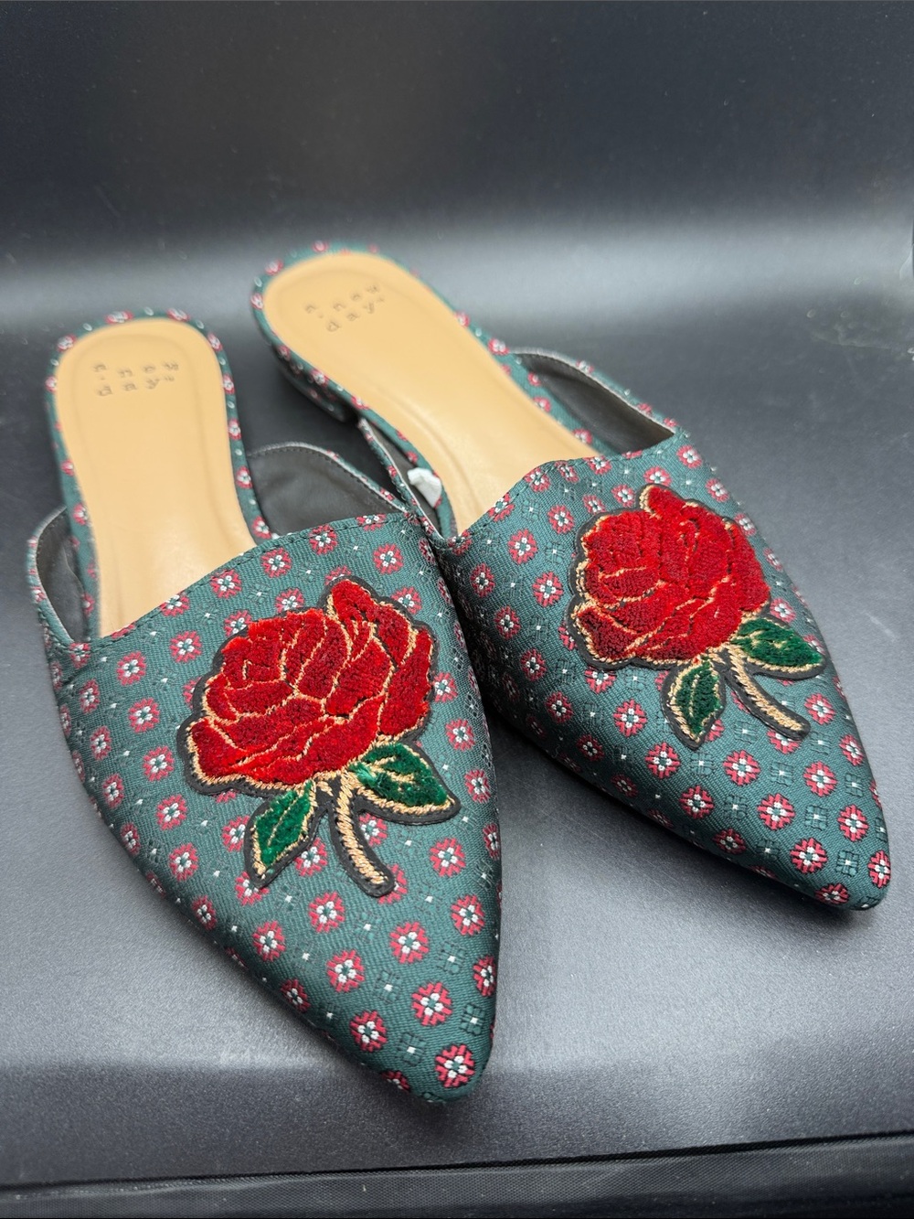 Mossimo Supply Co. Green Pointed Mules with Red Rose Embroidery